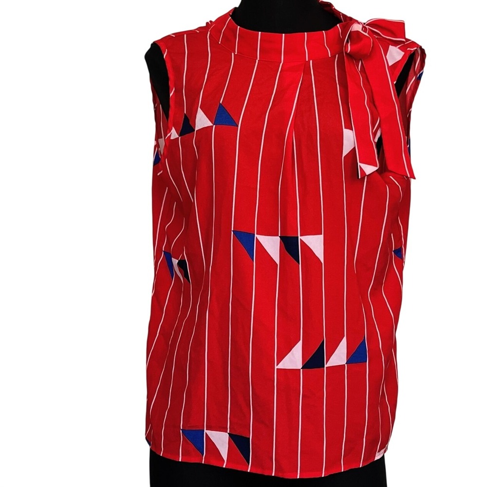 Molly Bracken Red Sleeveless Bow-Neck Striped Geometric Blouse